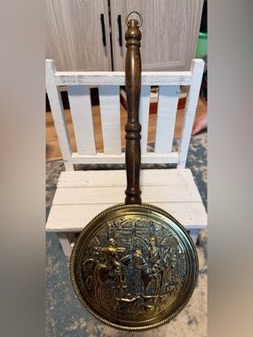Vintage Brass Bed Warmer with Embossed Horse Scene, Wooden Handle, England